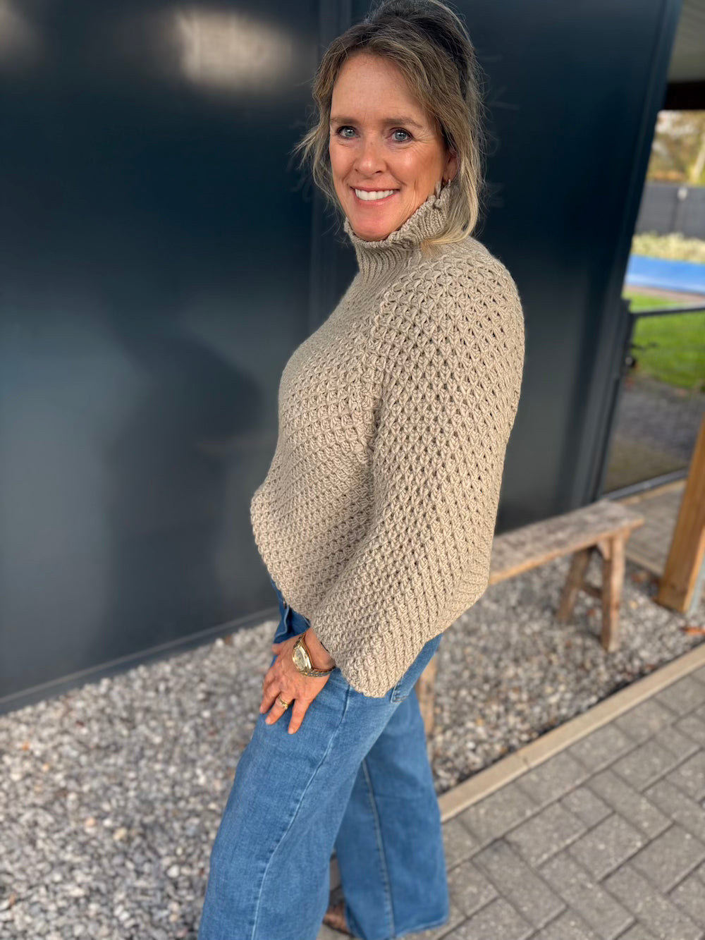 Trui grofgebreid taupe/beige