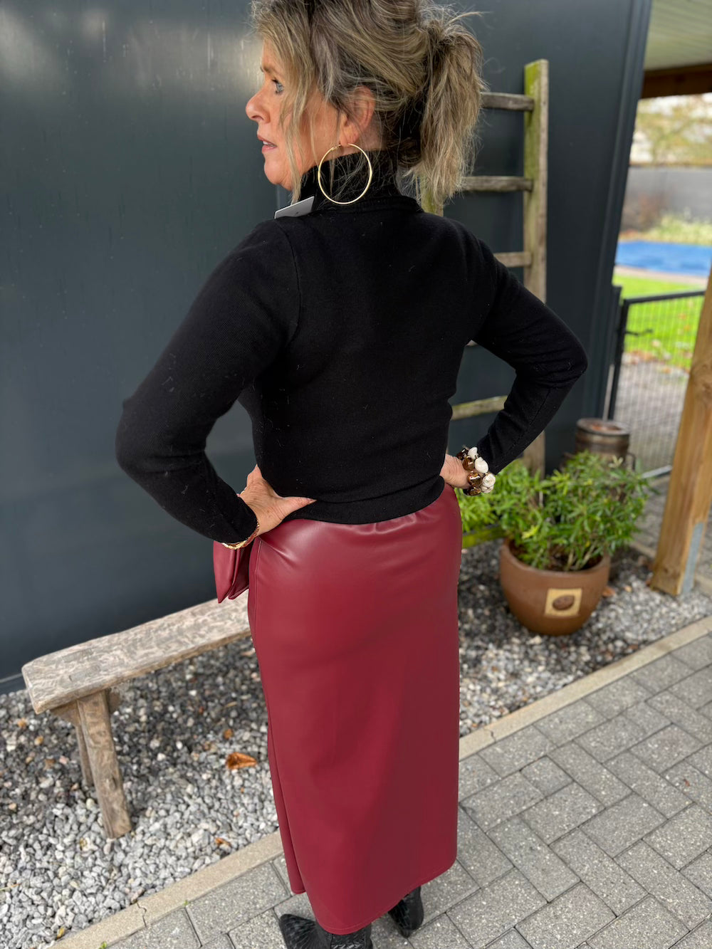 Rok vegan leather met strik bordeaux