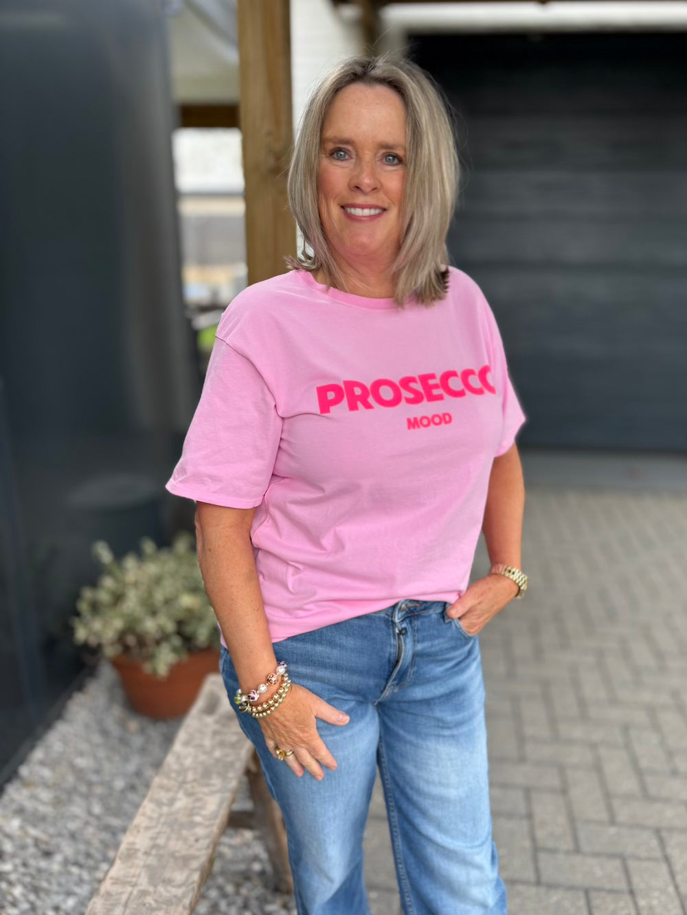 T shirt 'prosecco mood" roze/ neon