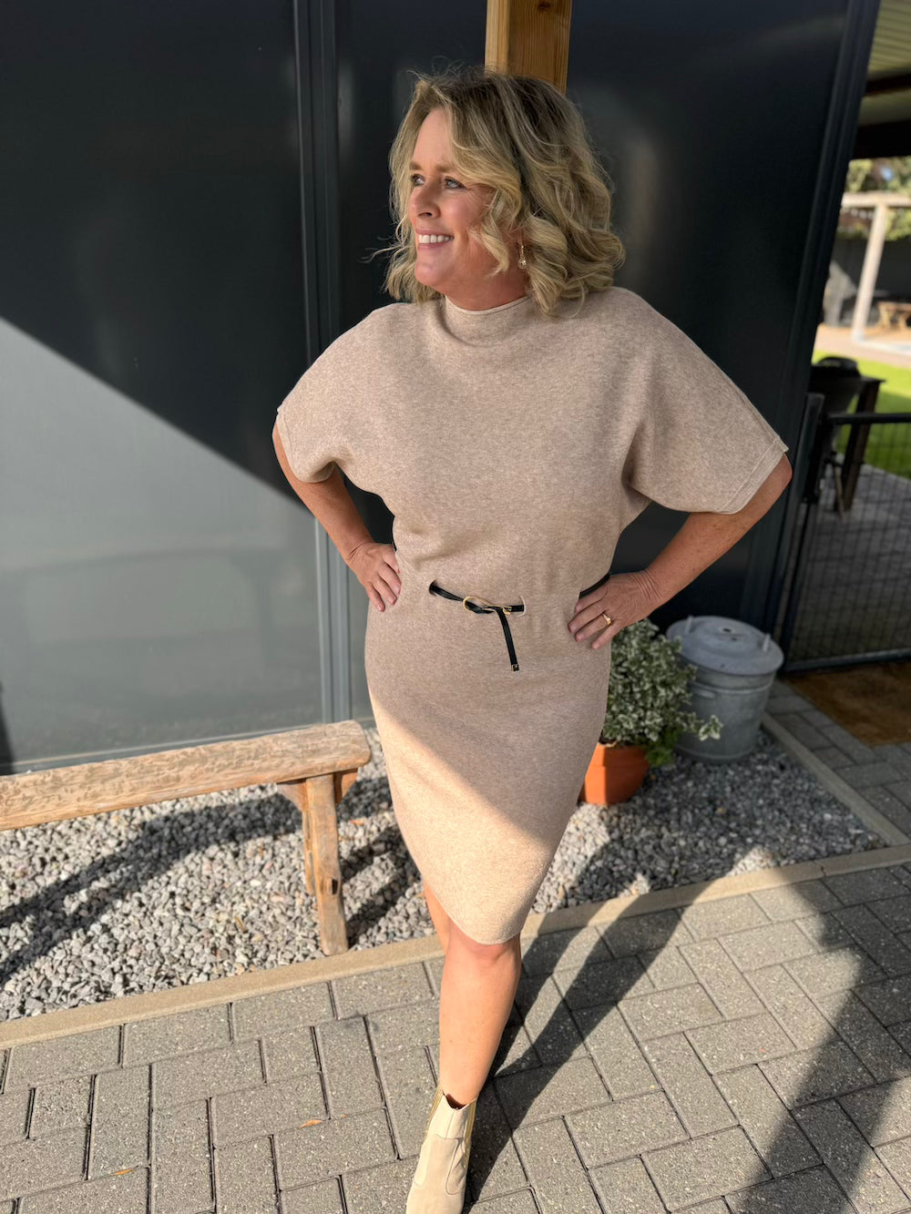 Jurk met riempje dun gebreid beige