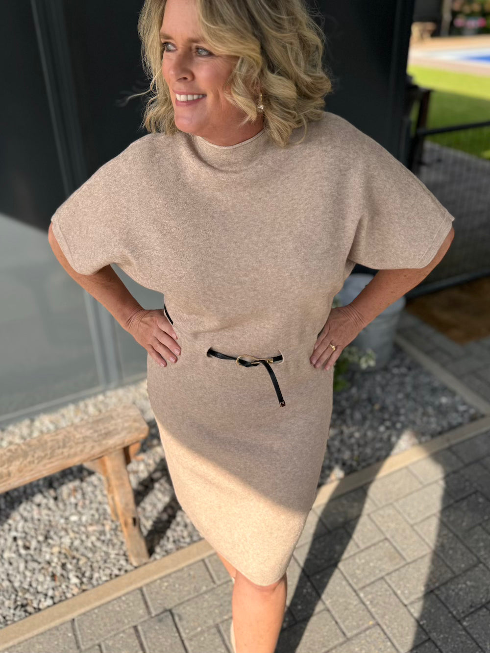 Jurk met riempje dun gebreid beige