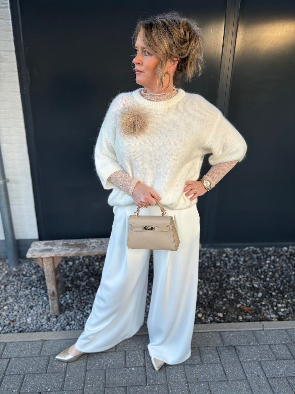 Pantalon wijd met plooien roomwit