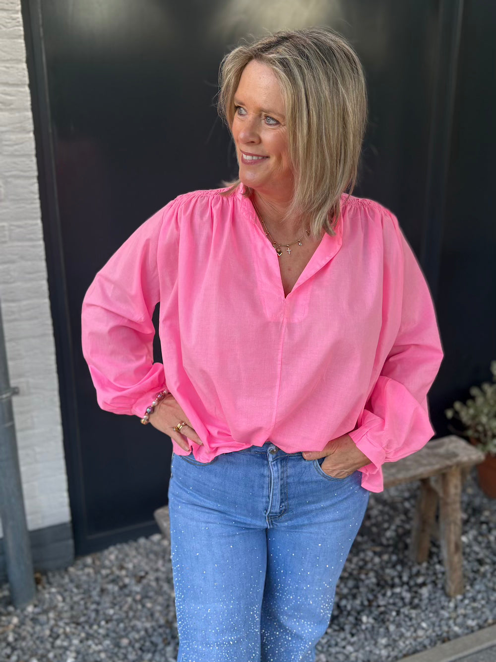 Blouse roze neon katoen V hals