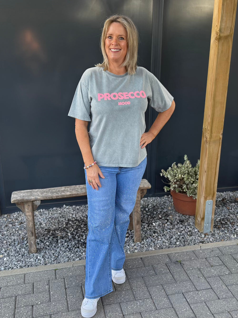 T shirt 'prosecco mood" grijs/ neon roze