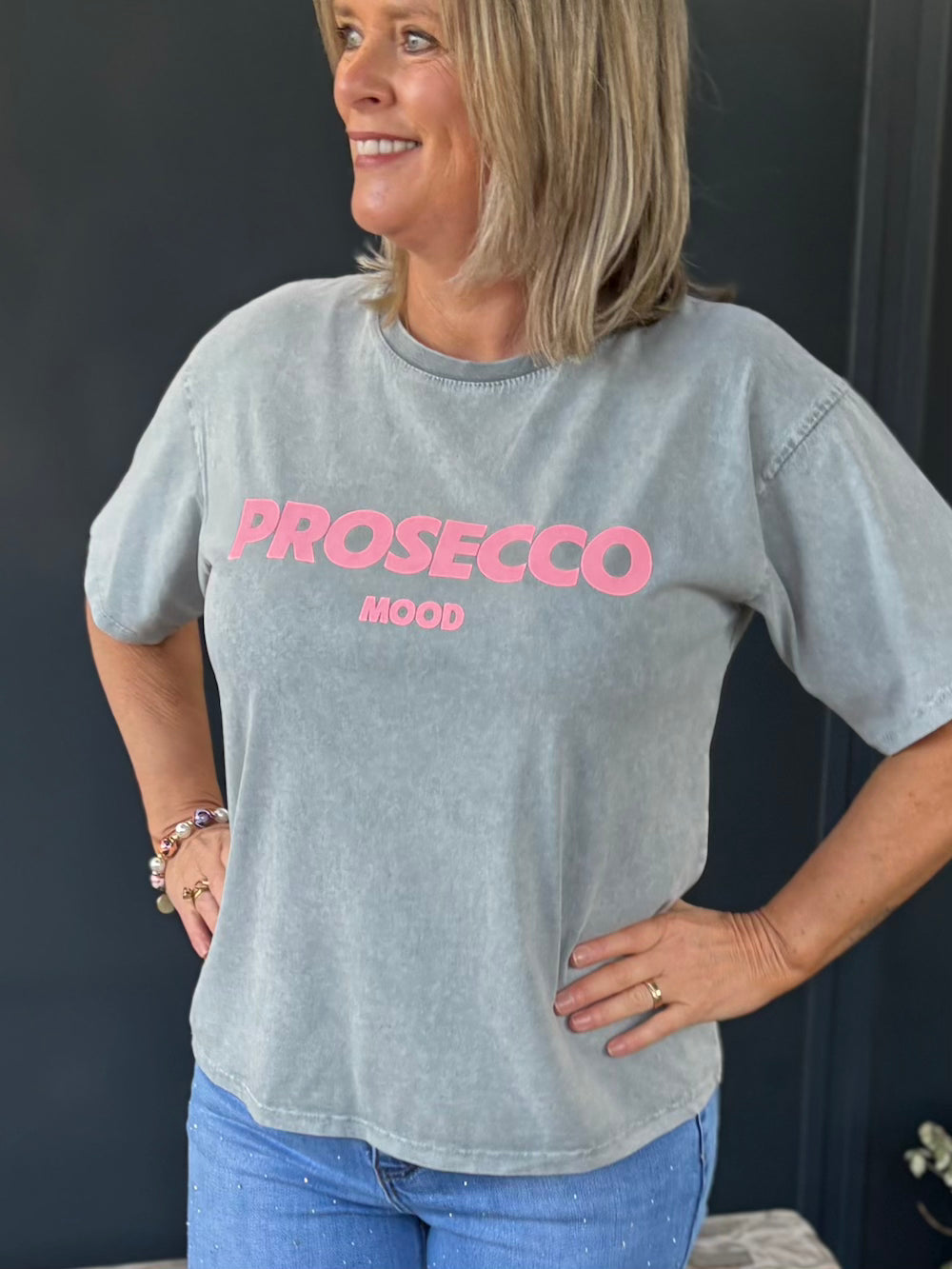 T shirt prosecco mood grijs roze