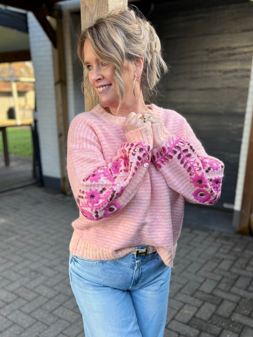 Trui met pailetten mouw koraal/roze