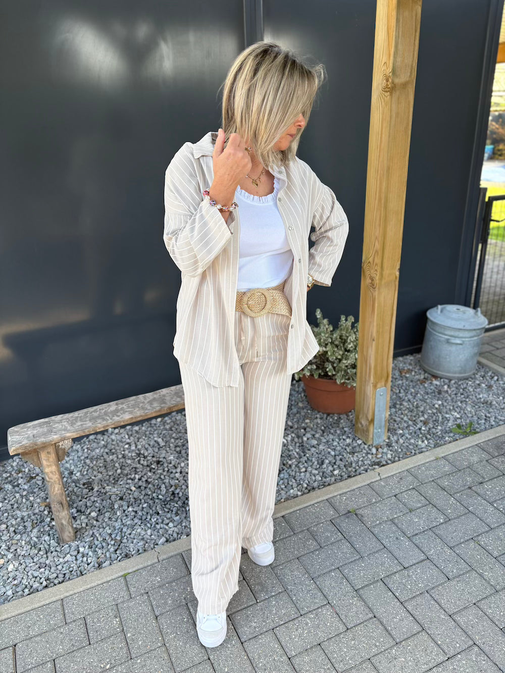 Set broek en blouse streep beige