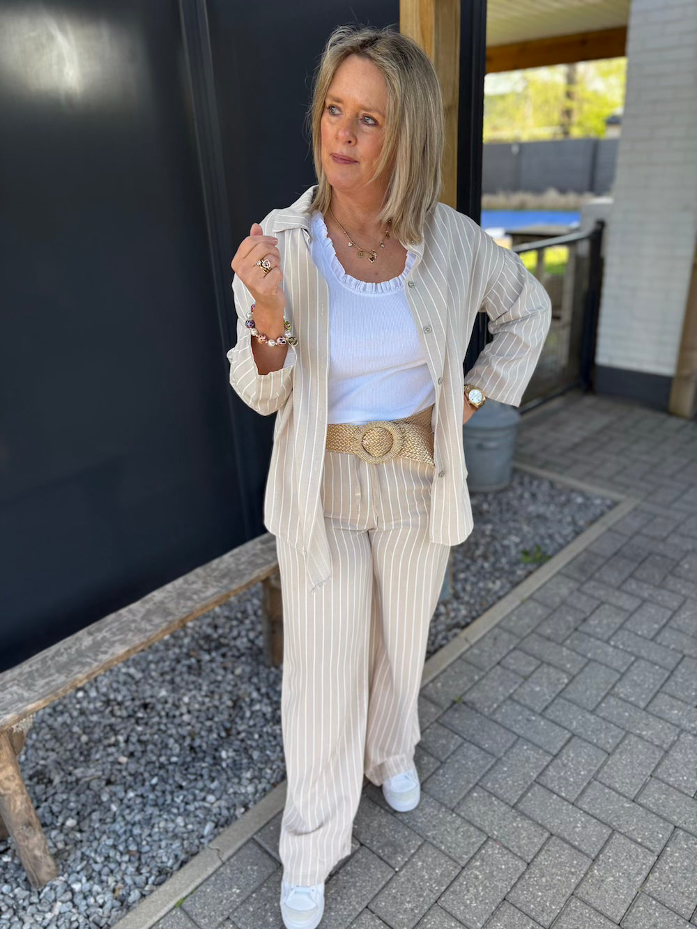 Set broek en blouse streep beige