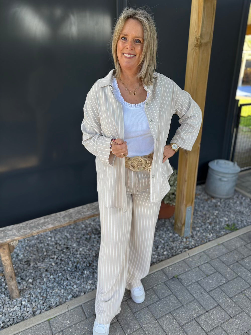Set broek en blouse streep beige