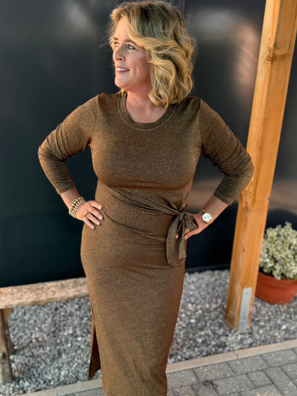 Jurk met striklint bruin met lurex