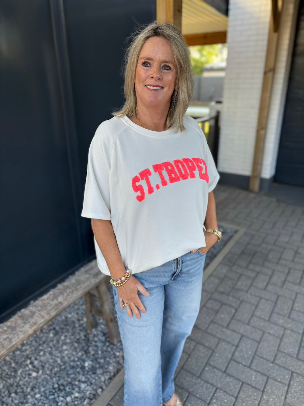 Sweater shirt St Tropez wit neon roze