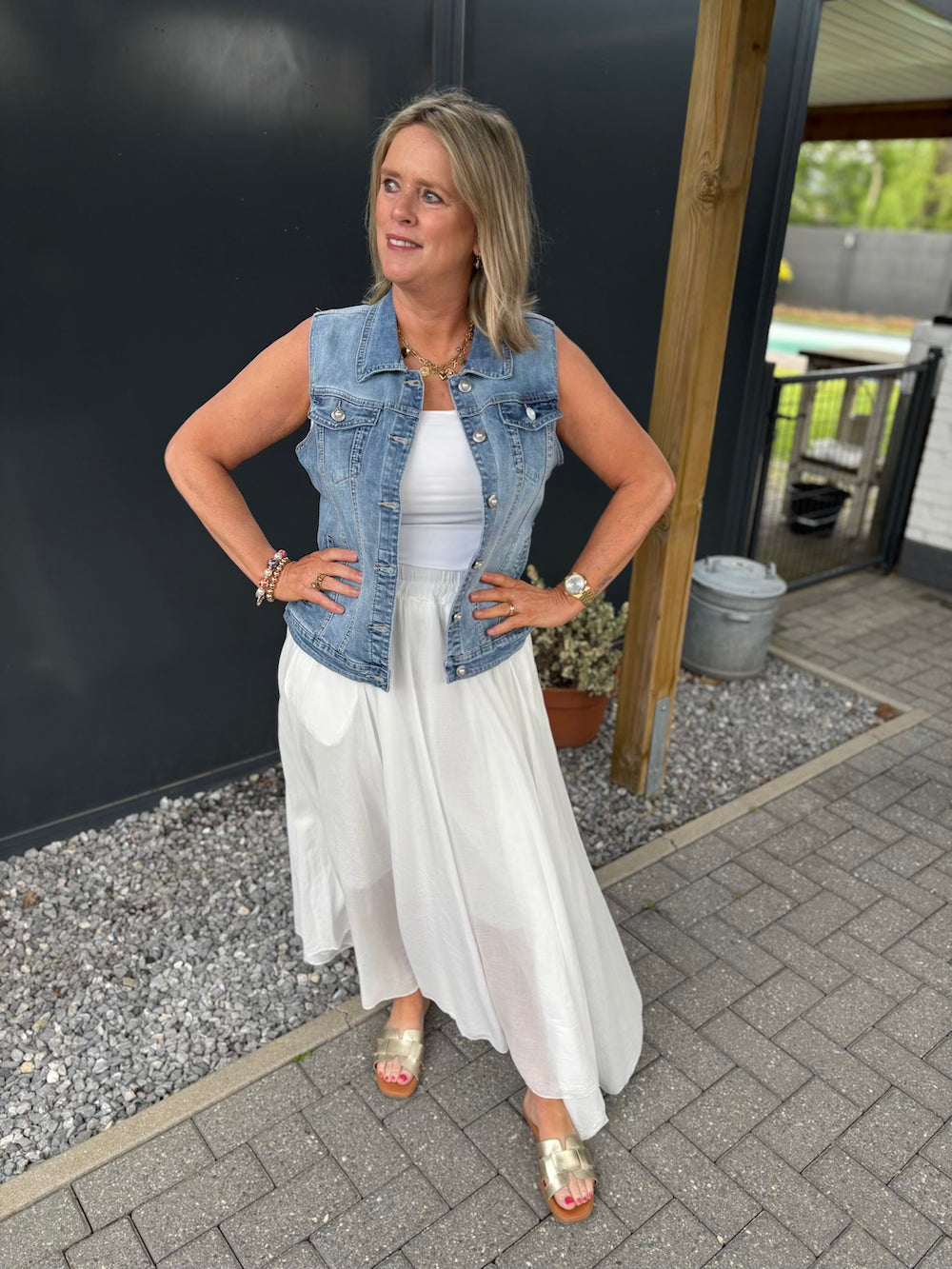 Rok wijd met elastische tailleband wit