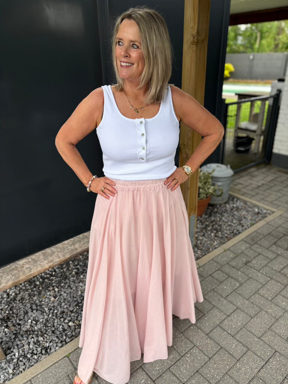 Rok wijd met elastische tailleband oud roze