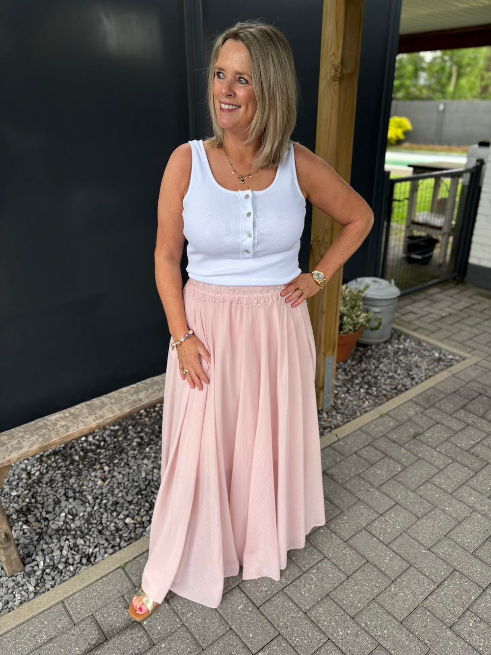 Rok wijd met elastische tailleband oud roze
