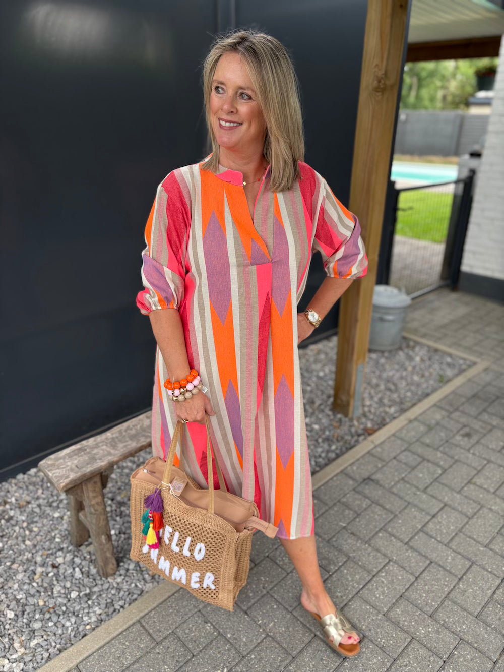 jurk oranje paars neon roze streep