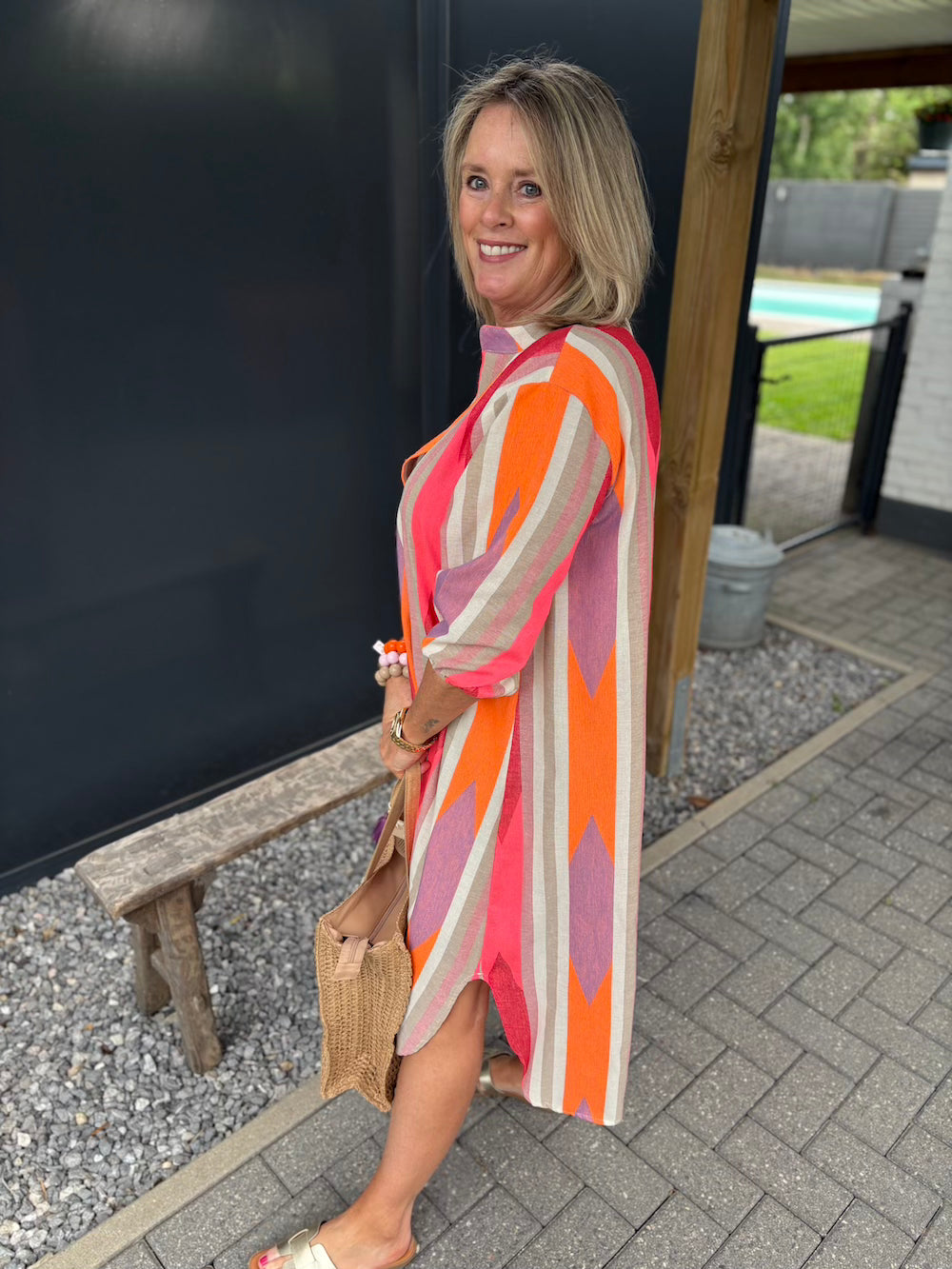 Jurk V hals paars neon oranje beige