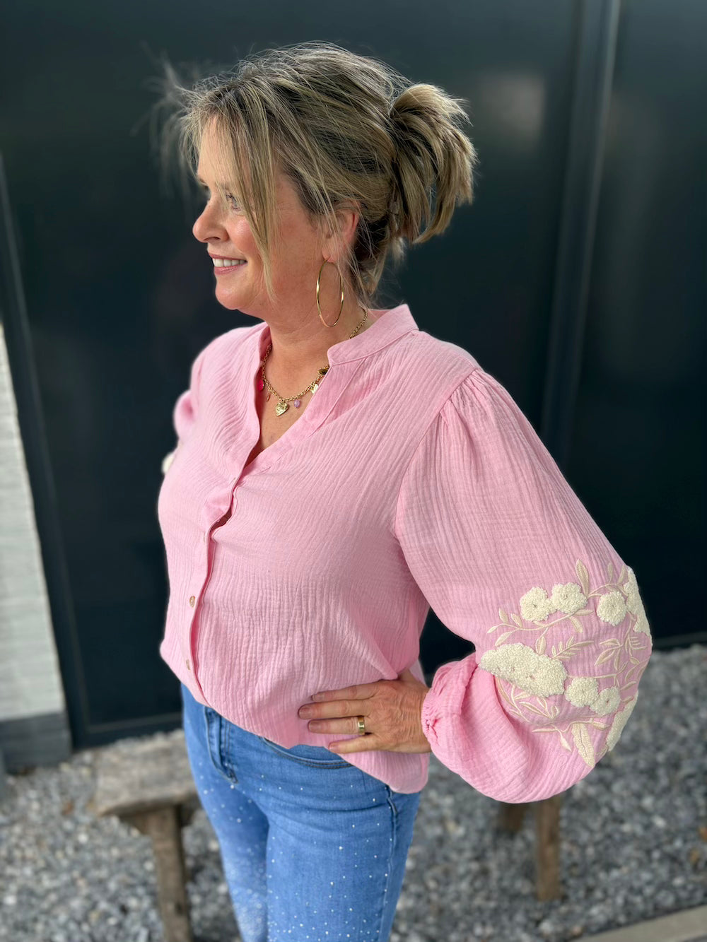 Blouse roze tetra katoen met creme bloem