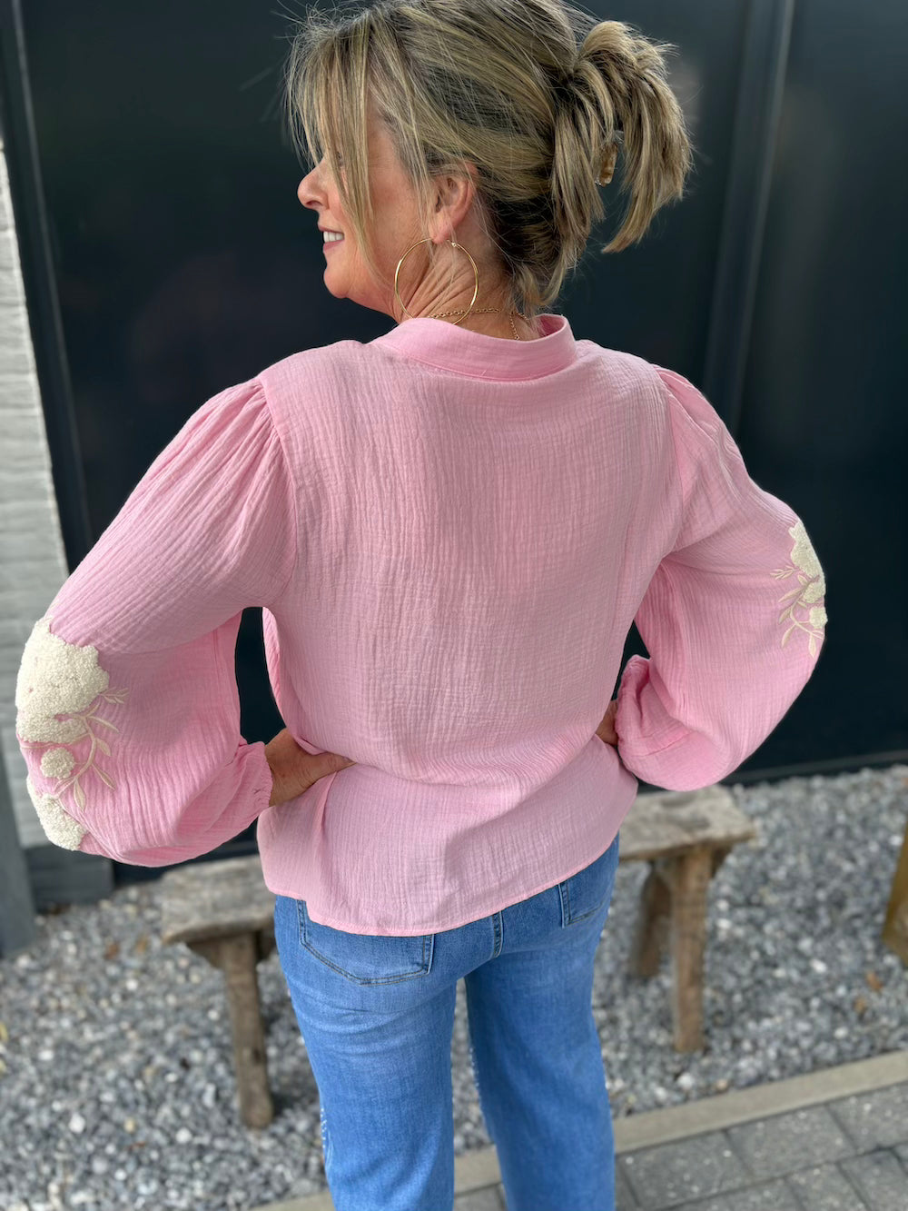 Blouse roze tetra katoen met creme bloem