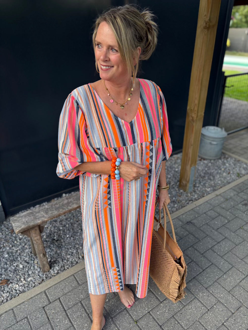 Jurk V hals jeans blauw met neon