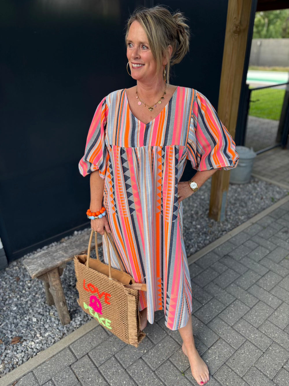 jurk jeansblauw met neon