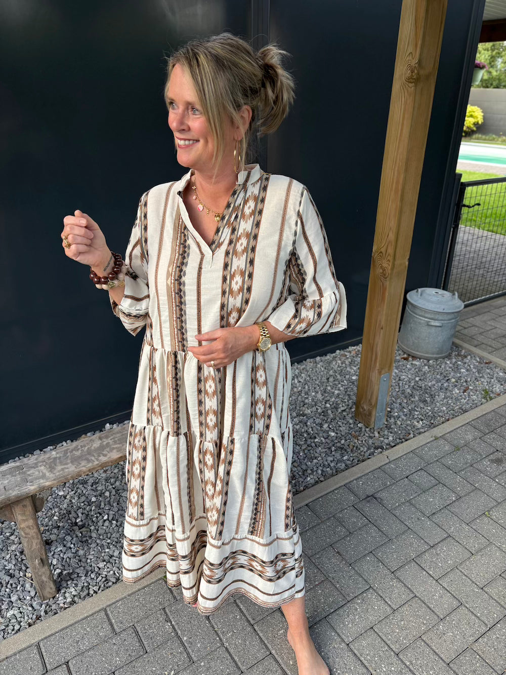 Maxidress met stroken taupe/ beige