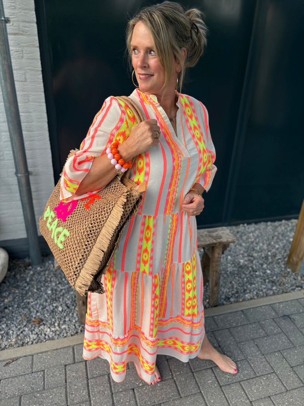 Maxi dress met stroken creme neon