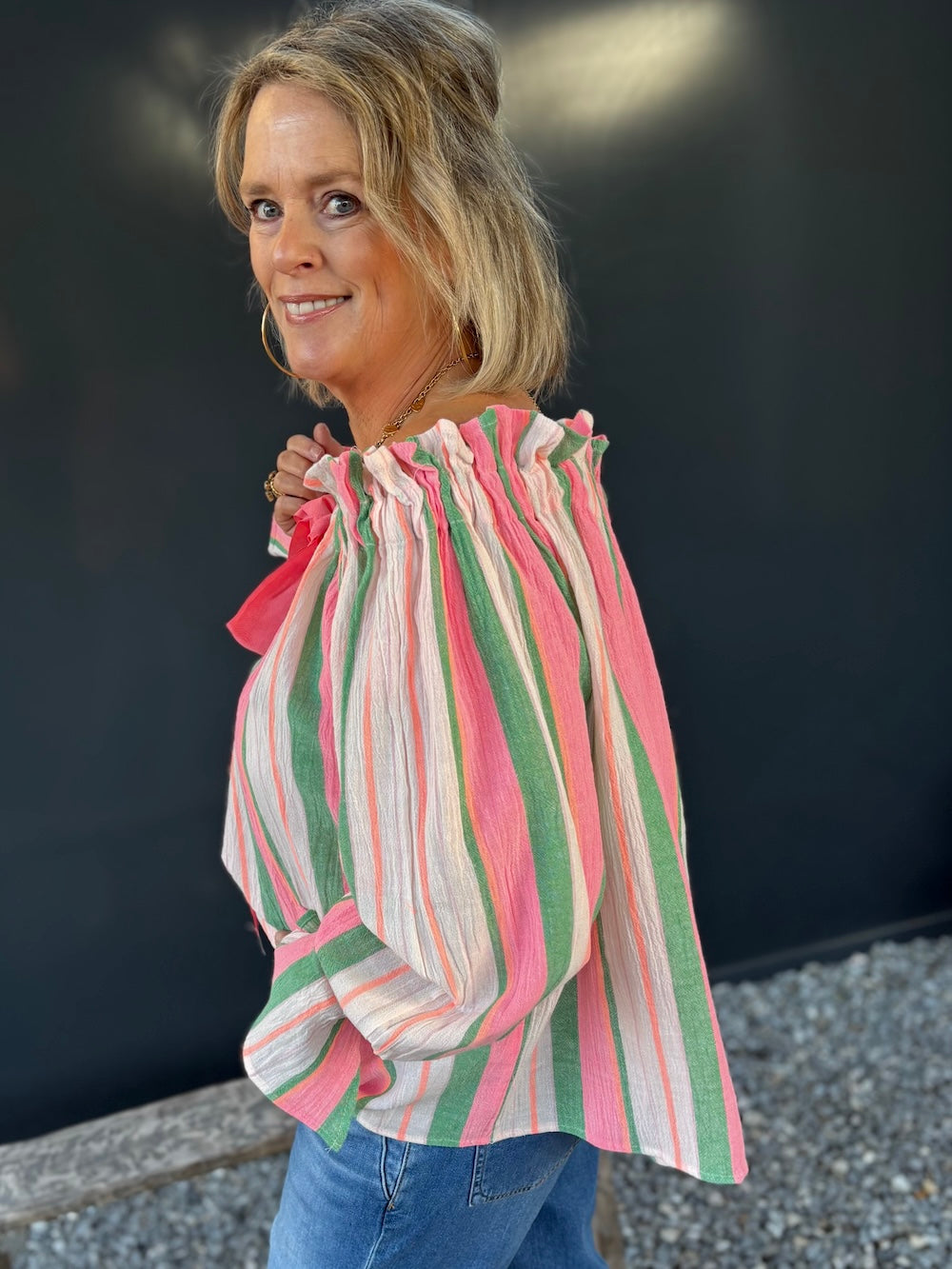 Off shoulder blouse groen roze