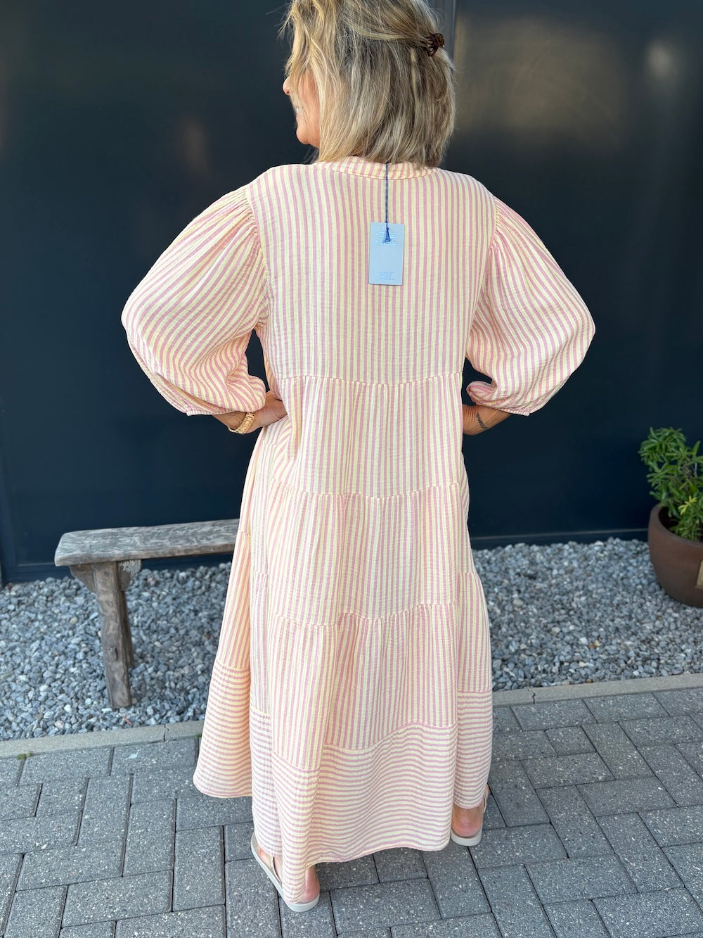 Maxi jurk tetra gestreept geel/roze