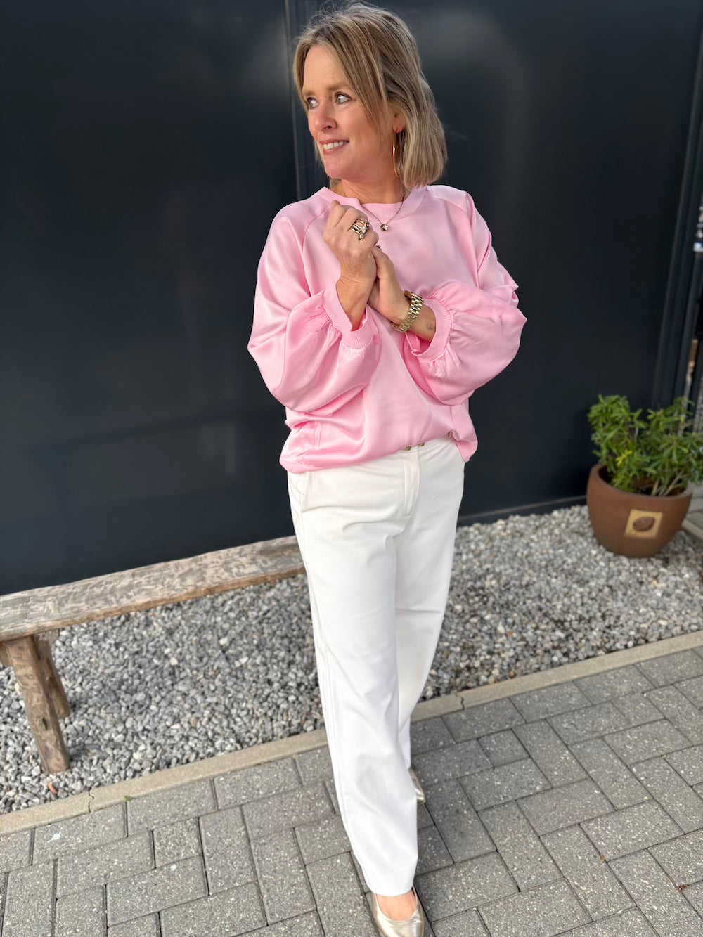 Longsleeve viscose glanzend met boord roze