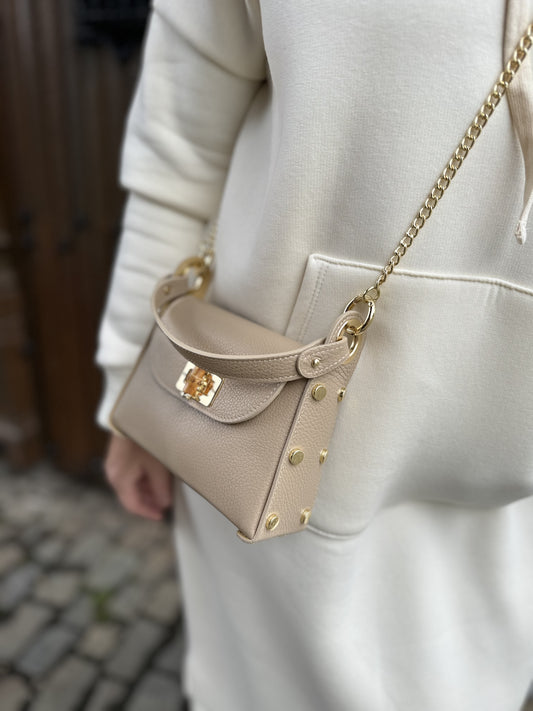 Tasje echt leer klein  crème gouden hardware houten slotje