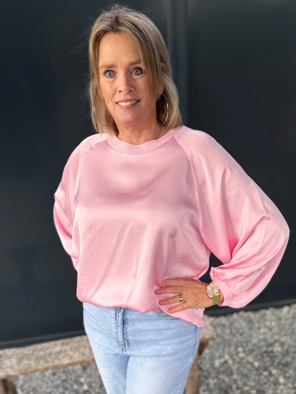Longsleeve viscose glanzend met boord roze