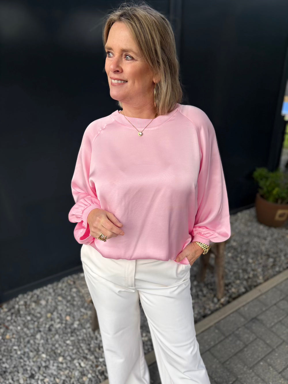 Longsleeve viscose glanzend roze