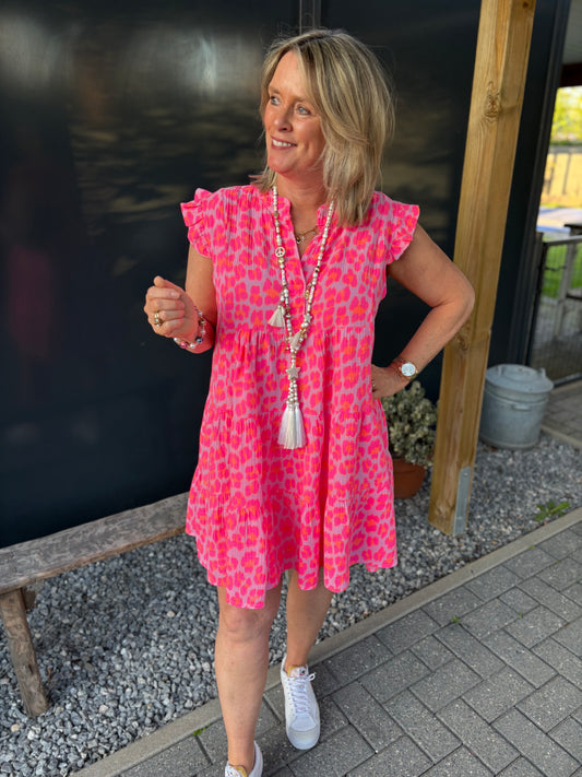 Jurkje tetra kort grote luipaard print neon pink