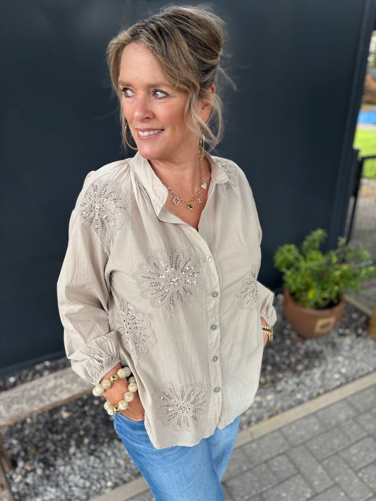 Blouse katoen met pailetten taupe