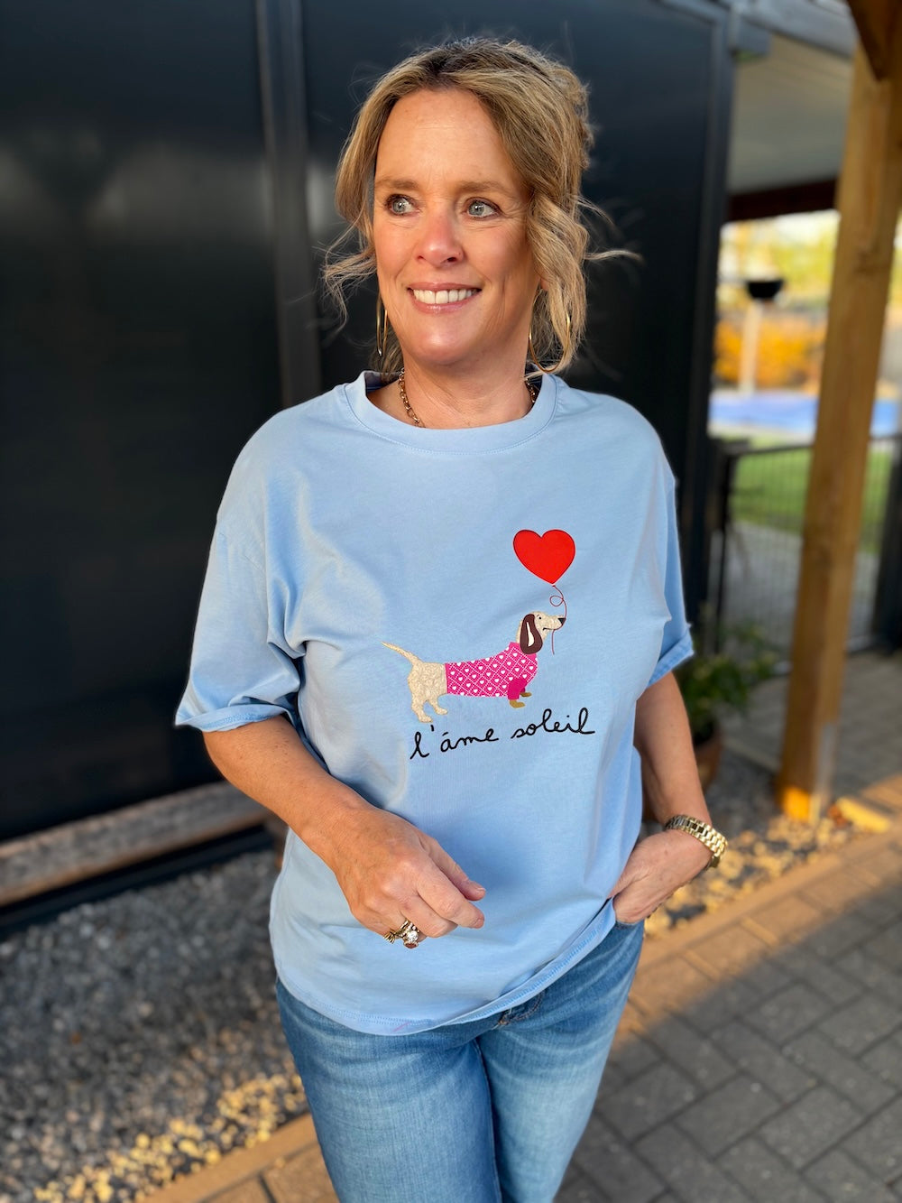 T-shirt met teckel applicatie blauw