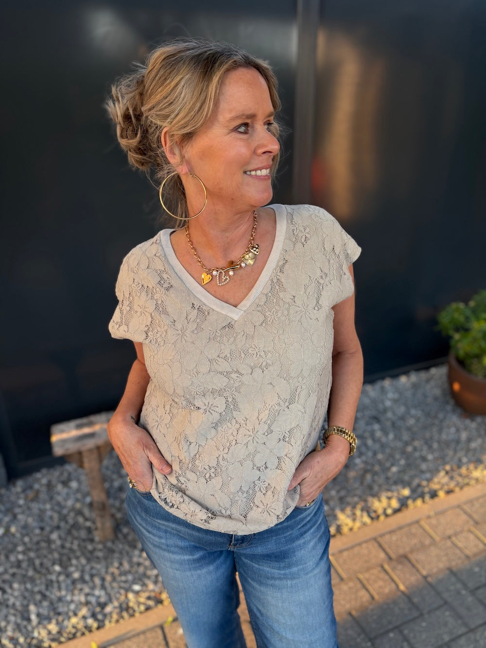 Kanten shirt V-hals