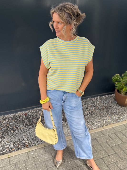 Mouwloos shirt geel blauw gestreept