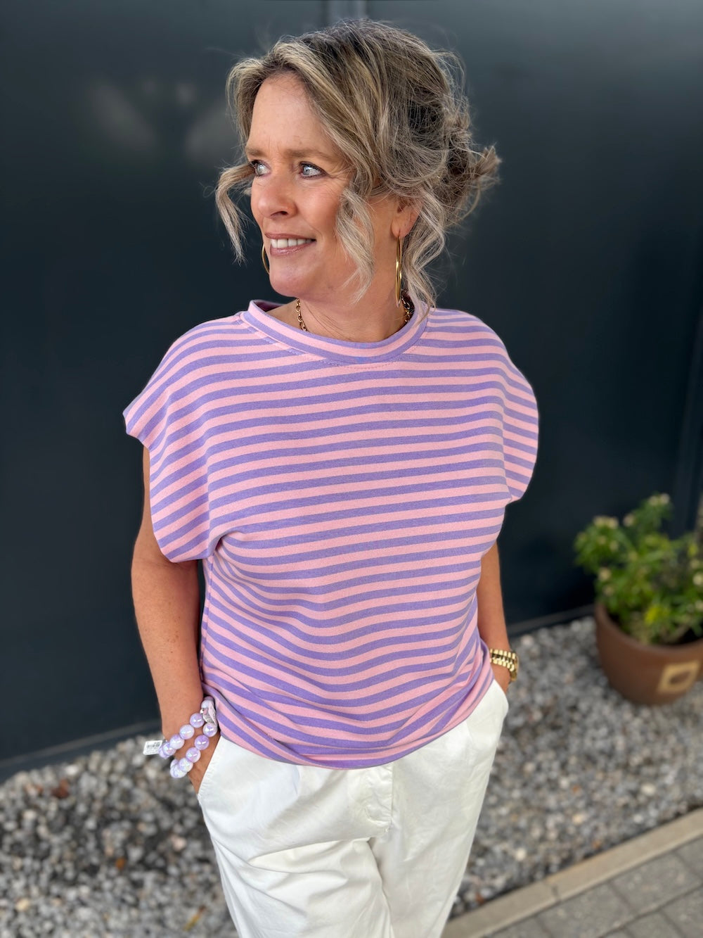 Mouwloos shirt gestreept  pastel roze/lila