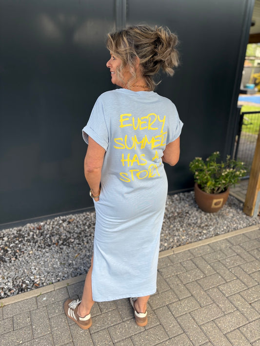 Shirt jurk every summer has a a story blauw