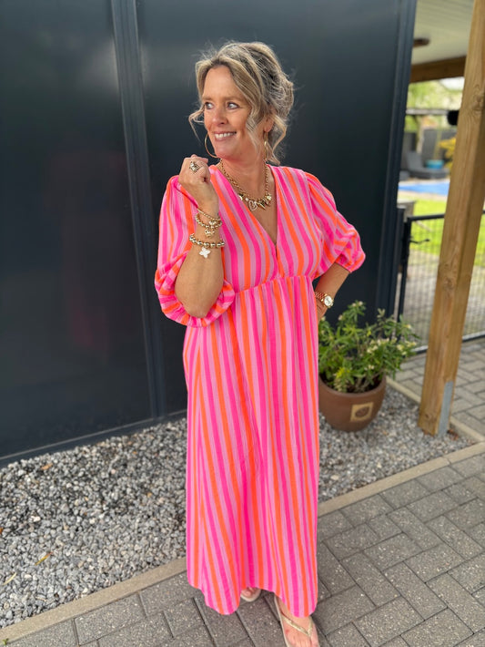 Jurk wafel katoen neon strepen