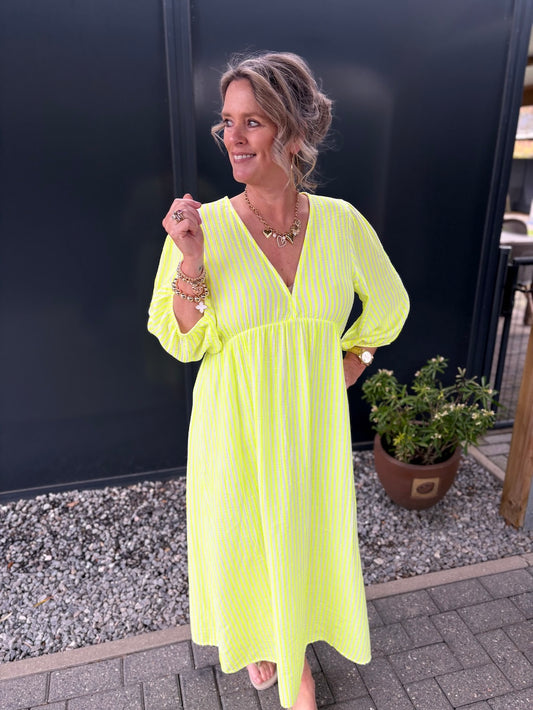 Jurk neon geel getsreept wafelstof