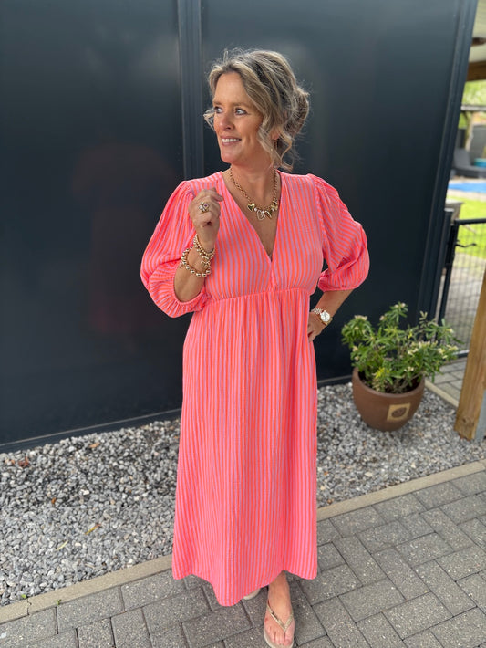 Jurk lange mouw wafelstof neon oranje streep