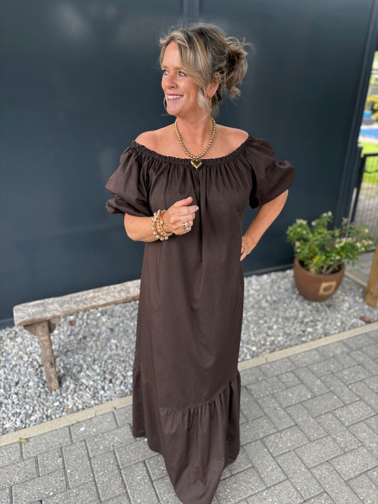 Katoenen jurk bruin offshoulder