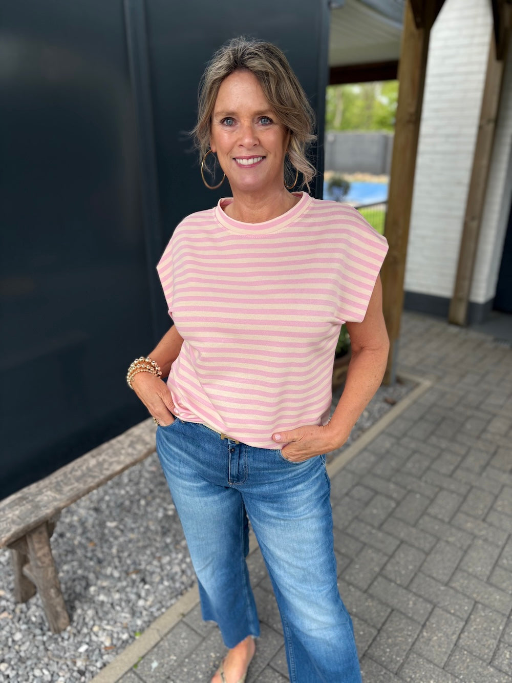 Mouwloos shirt gestreept  pastel roze/creme