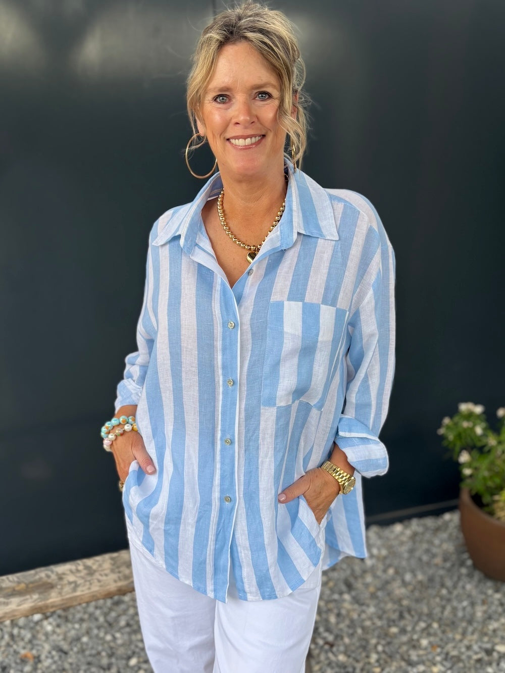 Blouse linnen blauw wit gestreept oversized