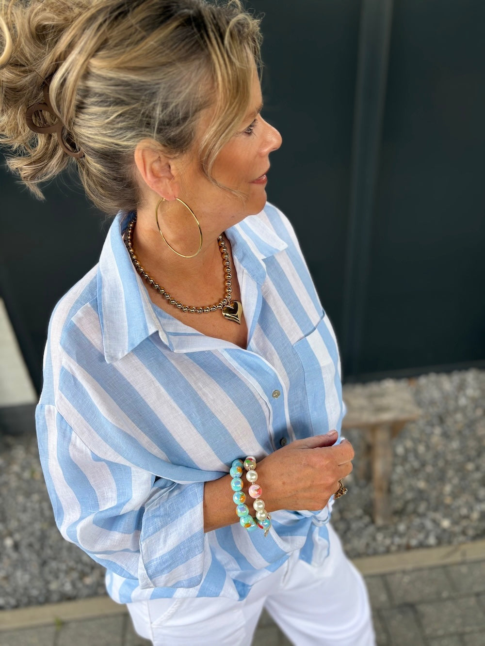 Linnen blouse blauw wit gestreept