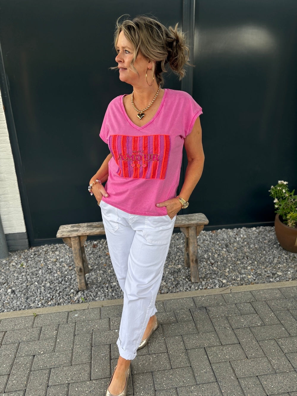 Shirt mon amour met kraaltjes roze