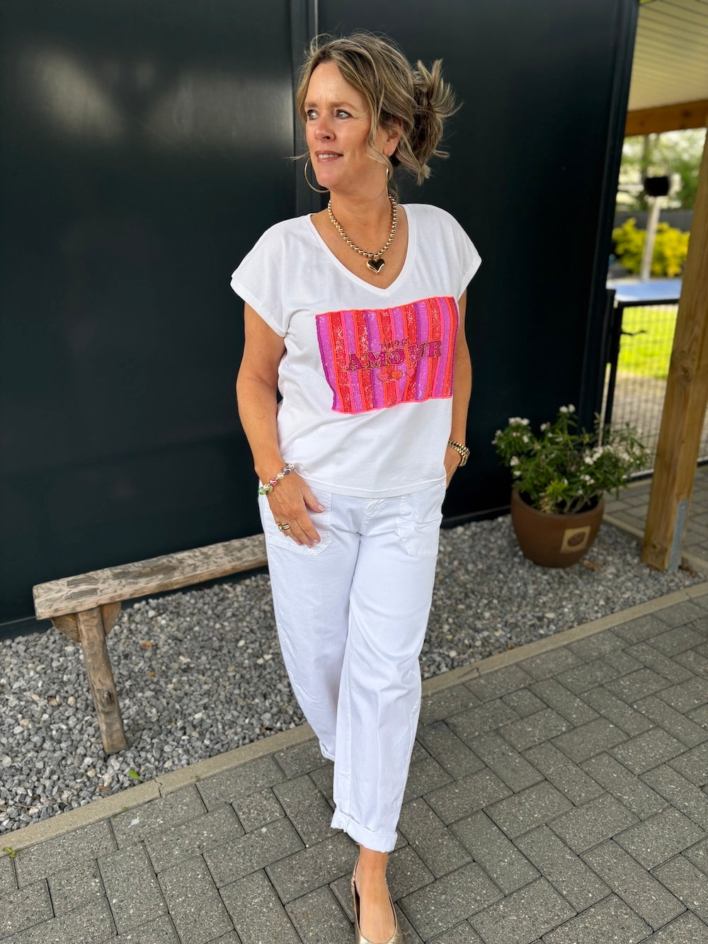 T-shirt met kraaltjes 'mon amour'