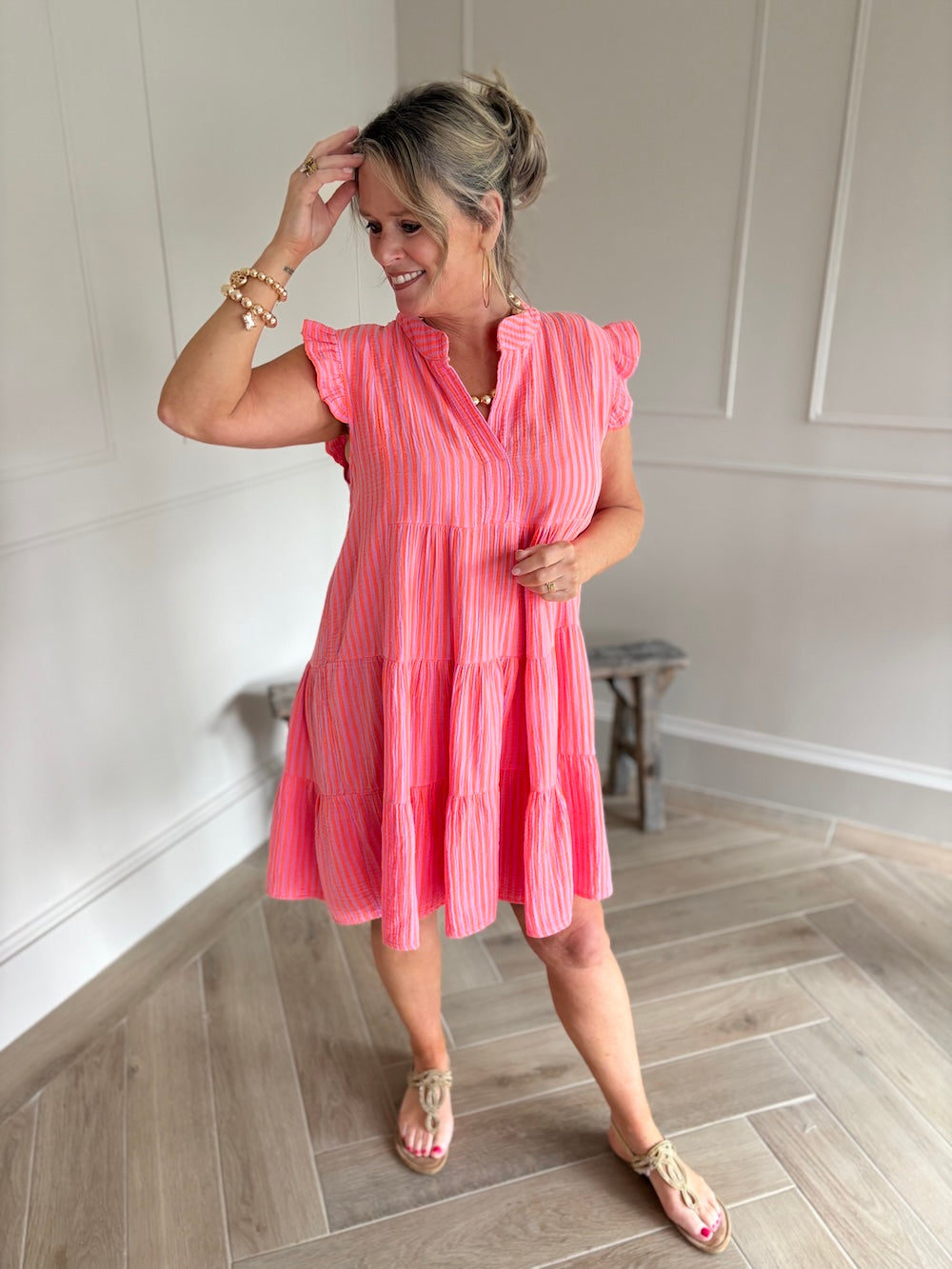 neon oranje gestreept jurkje tetra katoen