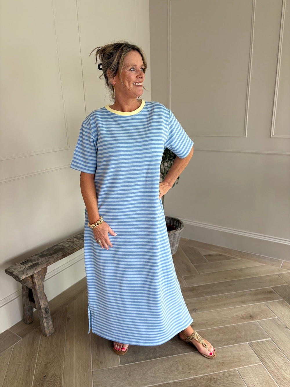 sweaterjurk met splitjes bluw gestreept